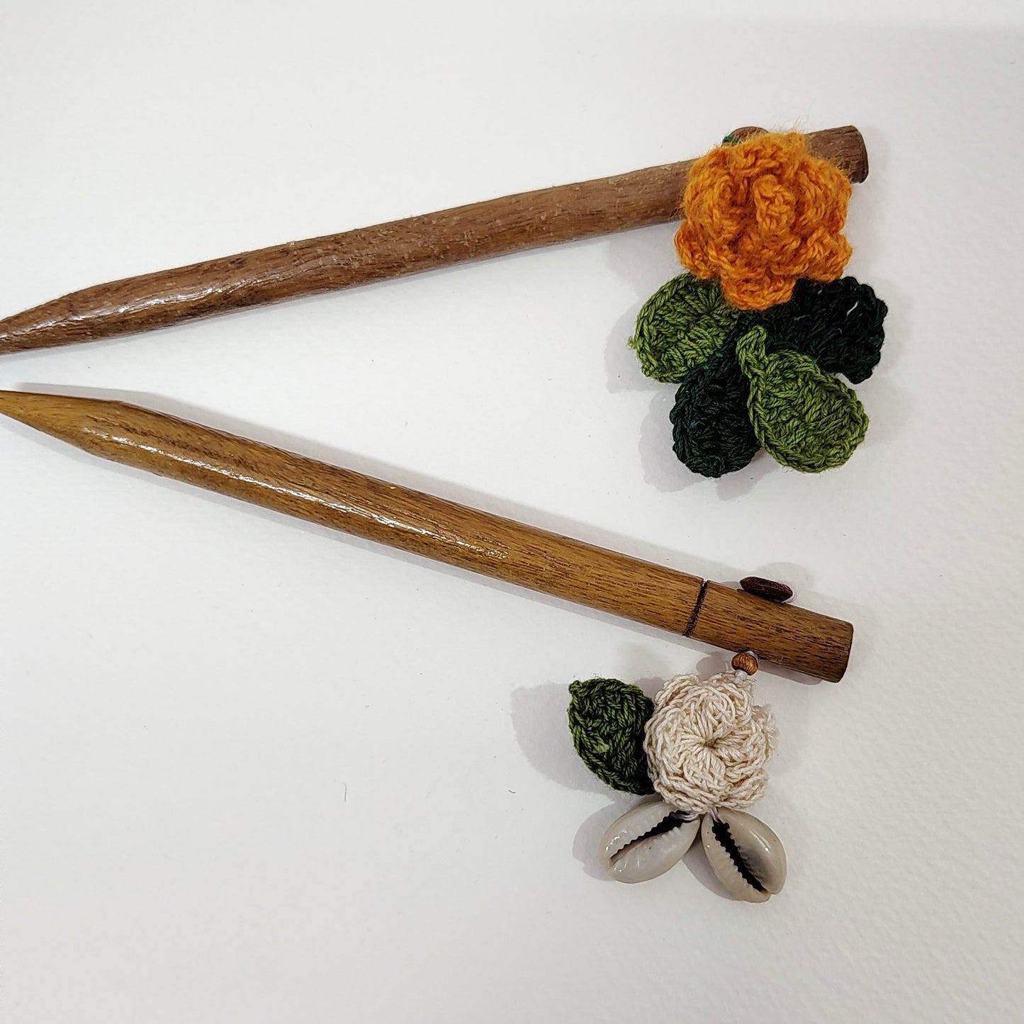 Wooden Hair Stick Orange And Off White by Ikriit'm with Cotton Yarn, Free Size, Hair Stick, Ikriit'm, Made from Natural Materials, Off White, Orange, Women Led Designer at Kamakhyaa for sustainable fashion