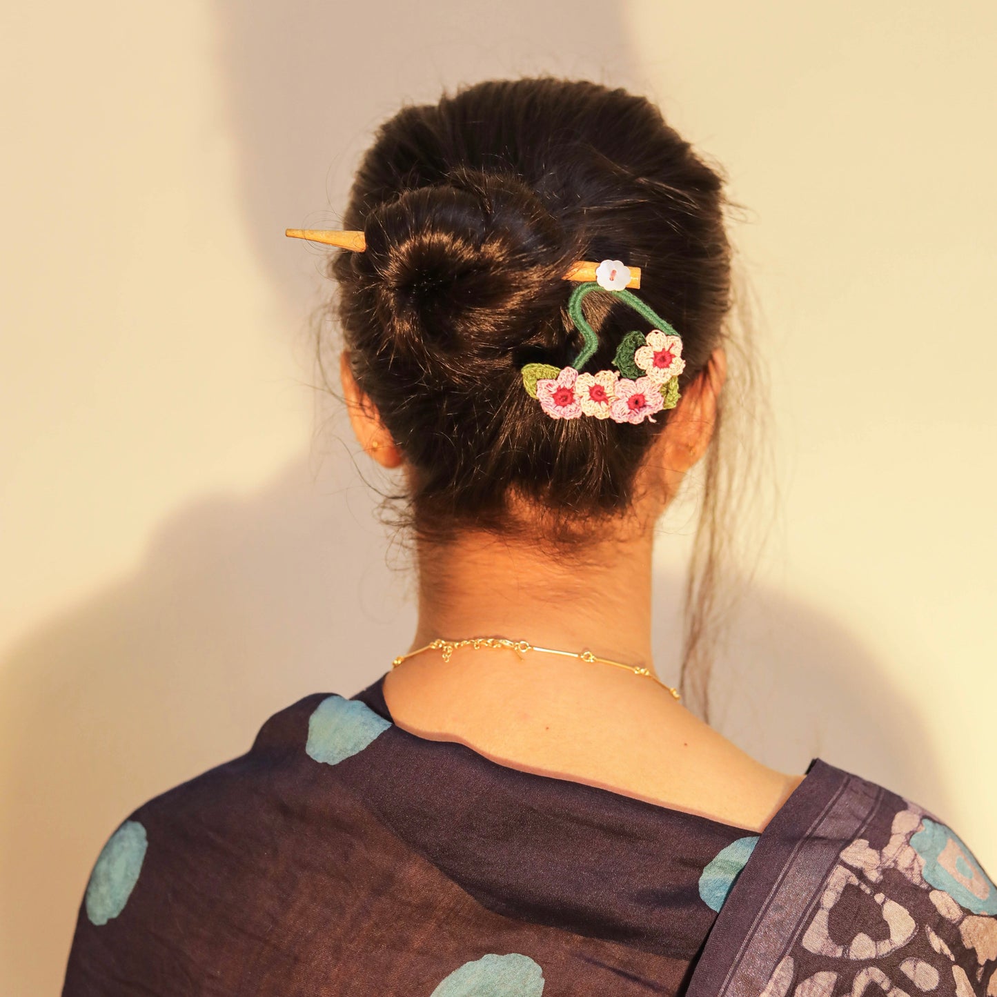 Wooden Hair Stick Pink And Green by Ikriit'm with Cotton Yarn, Free Size, Green, Hair Stick, Ikriit'm, Made from Natural Materials, Pink, Women Led Designer at Kamakhyaa for sustainable fashion