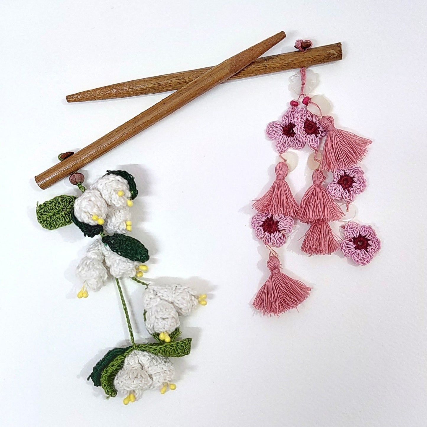 Wooden Hair Stick Pink And Off White by Ikriit'm with Cotton Yarn, Free Size, Hair Stick, Ikriit'm, Made from Natural Materials, Off White, Pink, Women Led Designer at Kamakhyaa for sustainable fashion