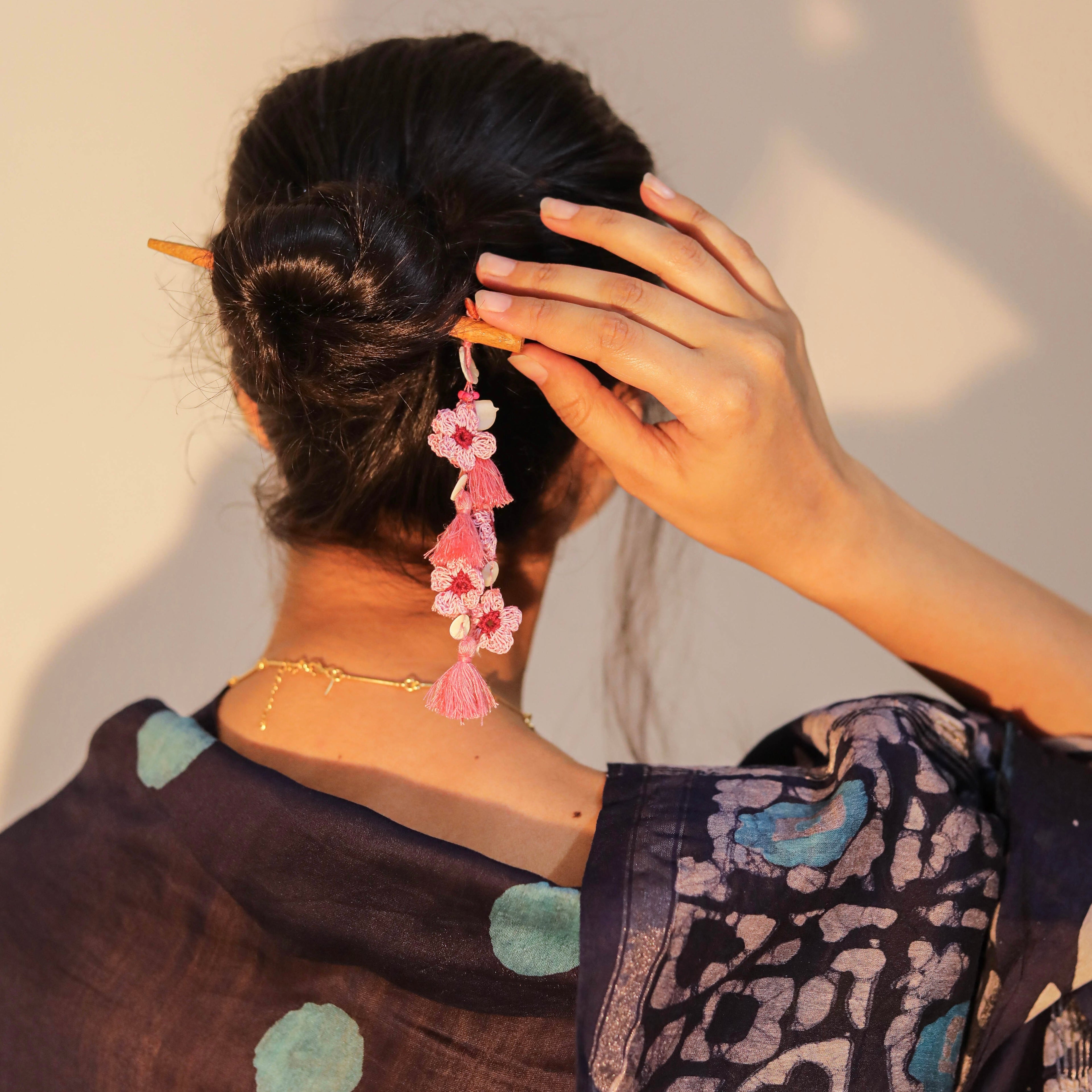 Wooden Hair Stick Pink And Off White by Ikriit'm with Cotton Yarn, Free Size, Hair Stick, Ikriit'm, Made from Natural Materials, Off White, Pink, Women Led Designer at Kamakhyaa for sustainable fashion