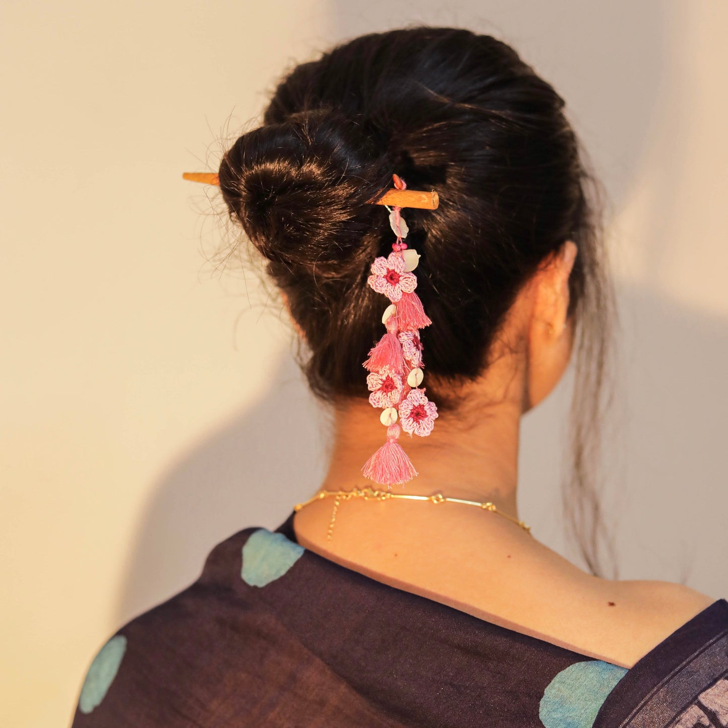 Wooden Hair Stick Pink by Ikriit'm with Cotton Yarn, Free Size, Hair Stick, Ikriit'm, Made from Natural Materials, Pink, Women Led Designer at Kamakhyaa for sustainable fashion