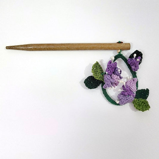 Wooden Hair Stick Purple And Green by Ikriit'm with Cotton Yarn, Free Size, Green, Hair Stick, Ikriit'm, Made from Natural Materials, Purple, Women Led Designer at Kamakhyaa for sustainable fashion