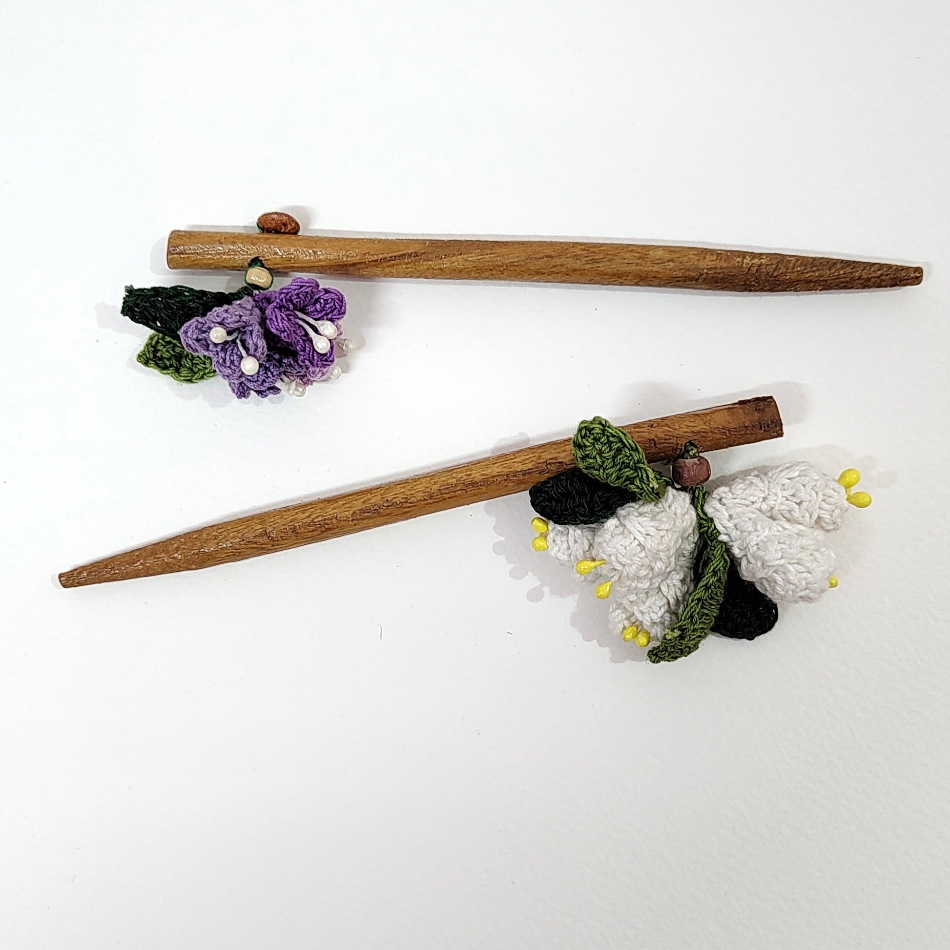 Wooden Hair Stick Purple And Off White by Ikriit'm with Cotton Yarn, Free Size, Hair Stick, Ikriit'm, Made from Natural Materials, Off White, Purple, Women Led Designer at Kamakhyaa for sustainable fashion