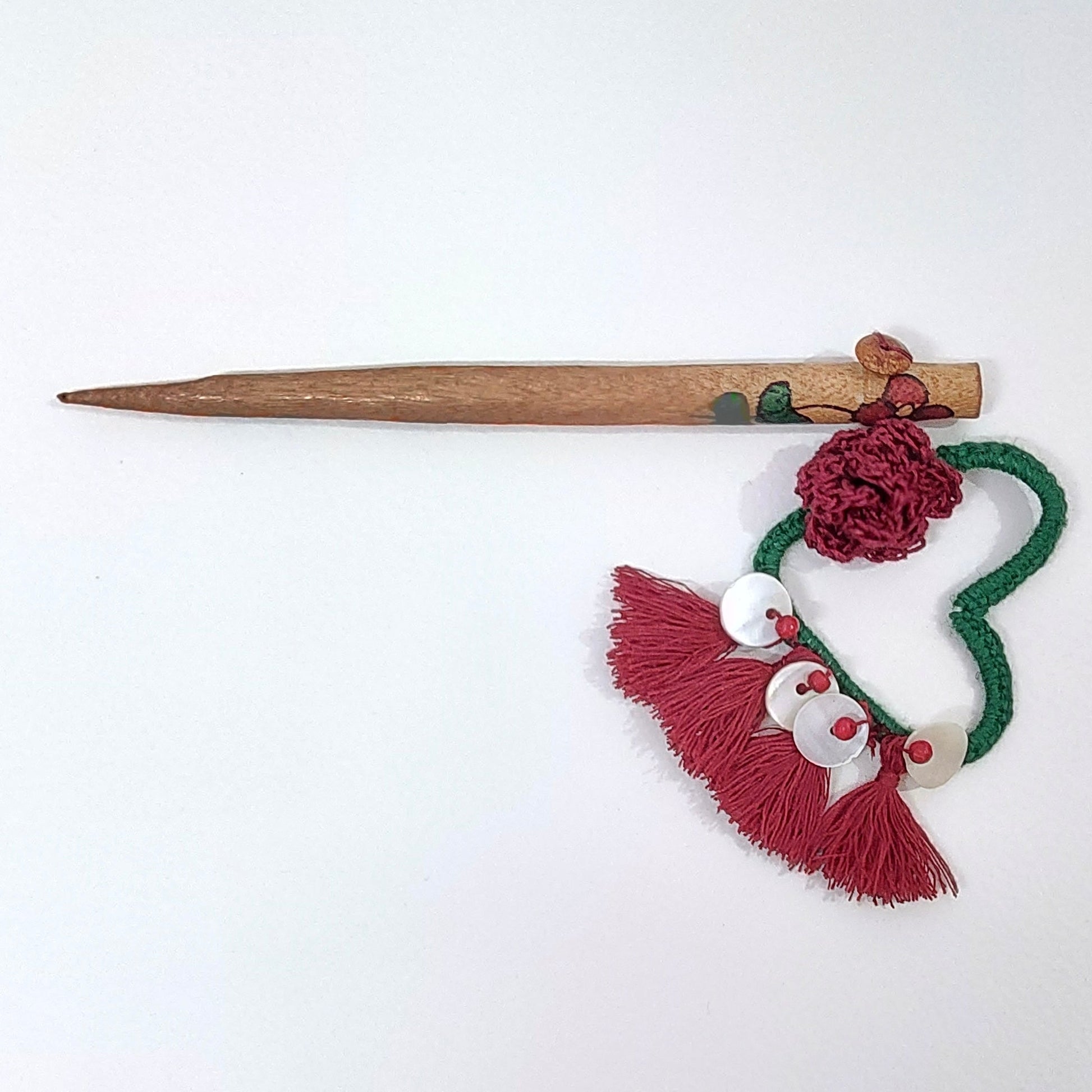 Wooden Hair Stick Rosy Red And Green by Ikriit'm with Cotton Yarn, Free Size, Green, Hair Stick, Ikriit'm, Made from Natural Materials, Red, Women Led Designer at Kamakhyaa for sustainable fashion