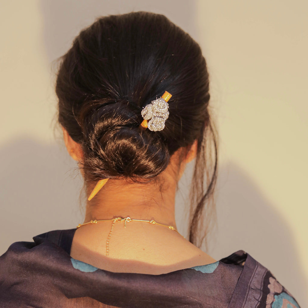Wooden Hair Stick Silver by Ikriit'm with Cotton Yarn, Free Size, Hair Stick, Ikriit'm, Made from Natural Materials, Silver, Women Led Designer at Kamakhyaa for sustainable fashion