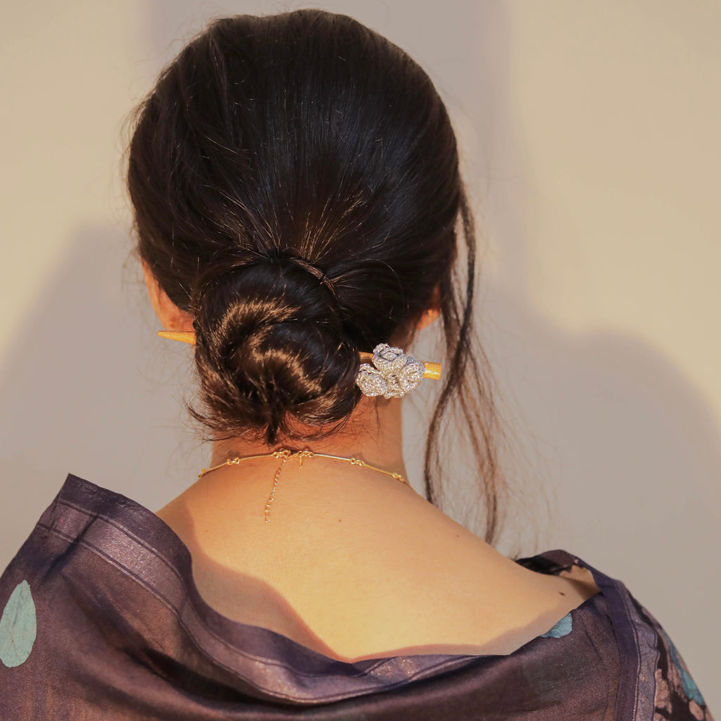 Wooden Hair Stick Silver by Ikriit'm with Cotton Yarn, Free Size, Hair Stick, Ikriit'm, Made from Natural Materials, Silver, Women Led Designer at Kamakhyaa for sustainable fashion