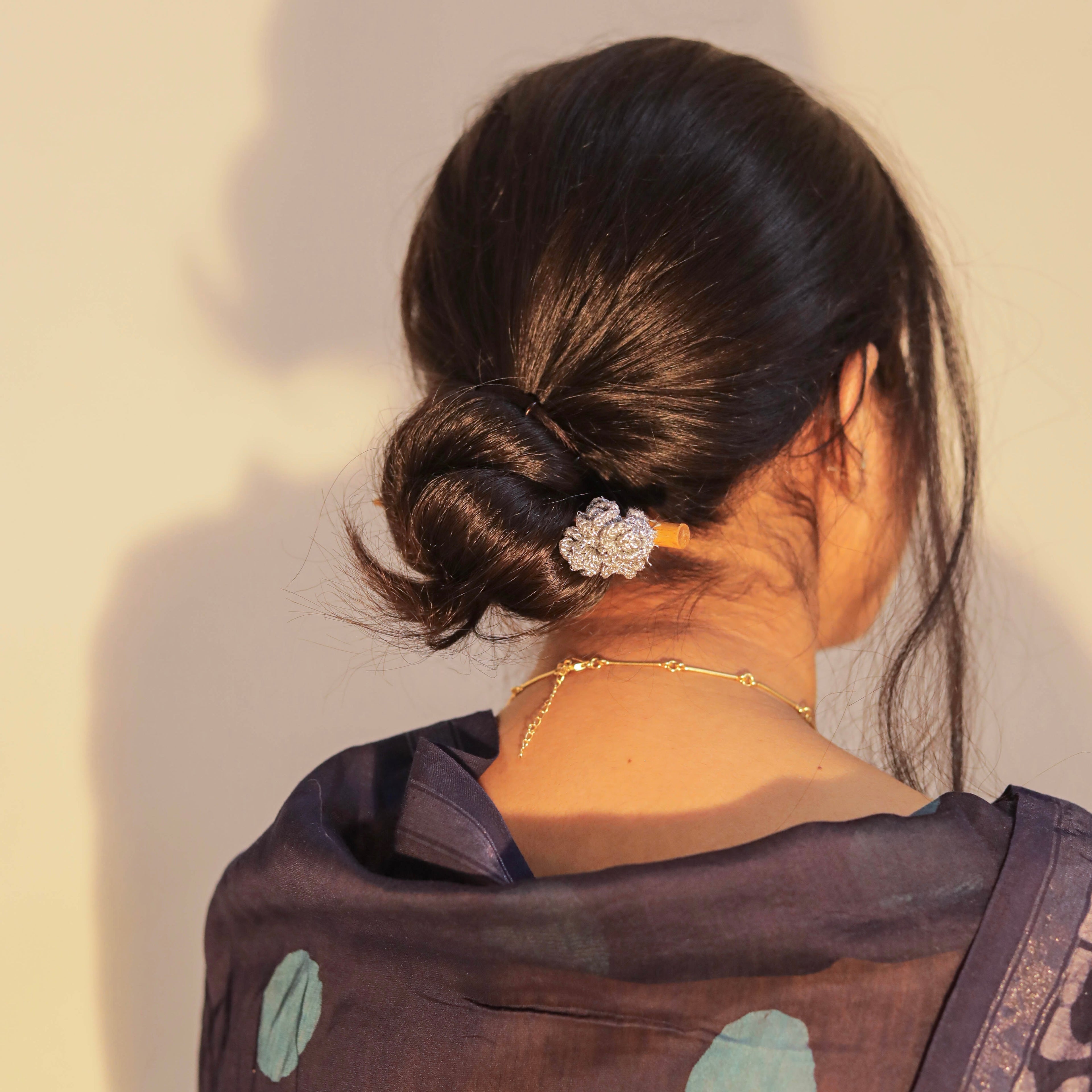 Wooden Hair Stick Silver by Ikriit'm with Cotton Yarn, Free Size, Hair Stick, Ikriit'm, Made from Natural Materials, Silver, Women Led Designer at Kamakhyaa for sustainable fashion