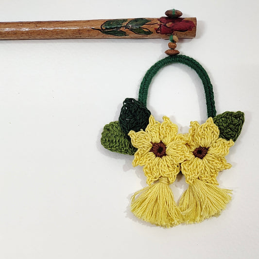 Wooden Hair Stick Sunflower Yellow And Green by Ikriit'm with Cotton Yarn, Free Size, Green, Hair Stick, Ikriit'm, Made from Natural Materials, Women Led Designer, Yellow at Kamakhyaa for sustainable fashion