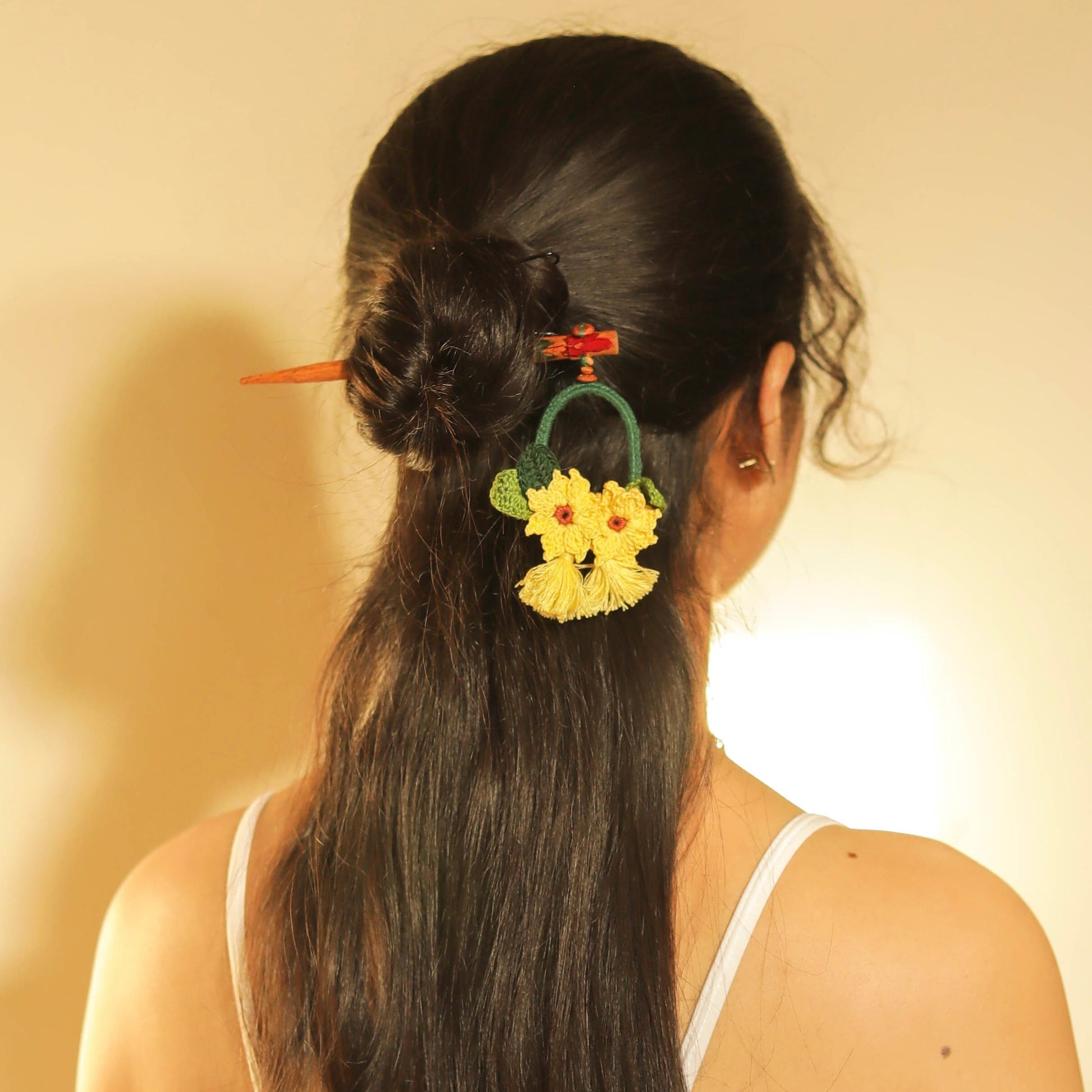 Wooden Hair Stick Sunflower Yellow And Green by Ikriit'm with Cotton Yarn, Free Size, Green, Hair Stick, Ikriit'm, Made from Natural Materials, Women Led Designer, Yellow at Kamakhyaa for sustainable fashion