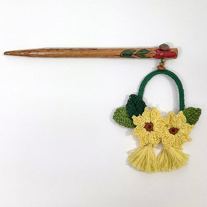 Wooden Hair Stick Sunflower Yellow And Green by Ikriit'm with Cotton Yarn, Free Size, Green, Hair Stick, Ikriit'm, Made from Natural Materials, Women Led Designer, Yellow at Kamakhyaa for sustainable fashion