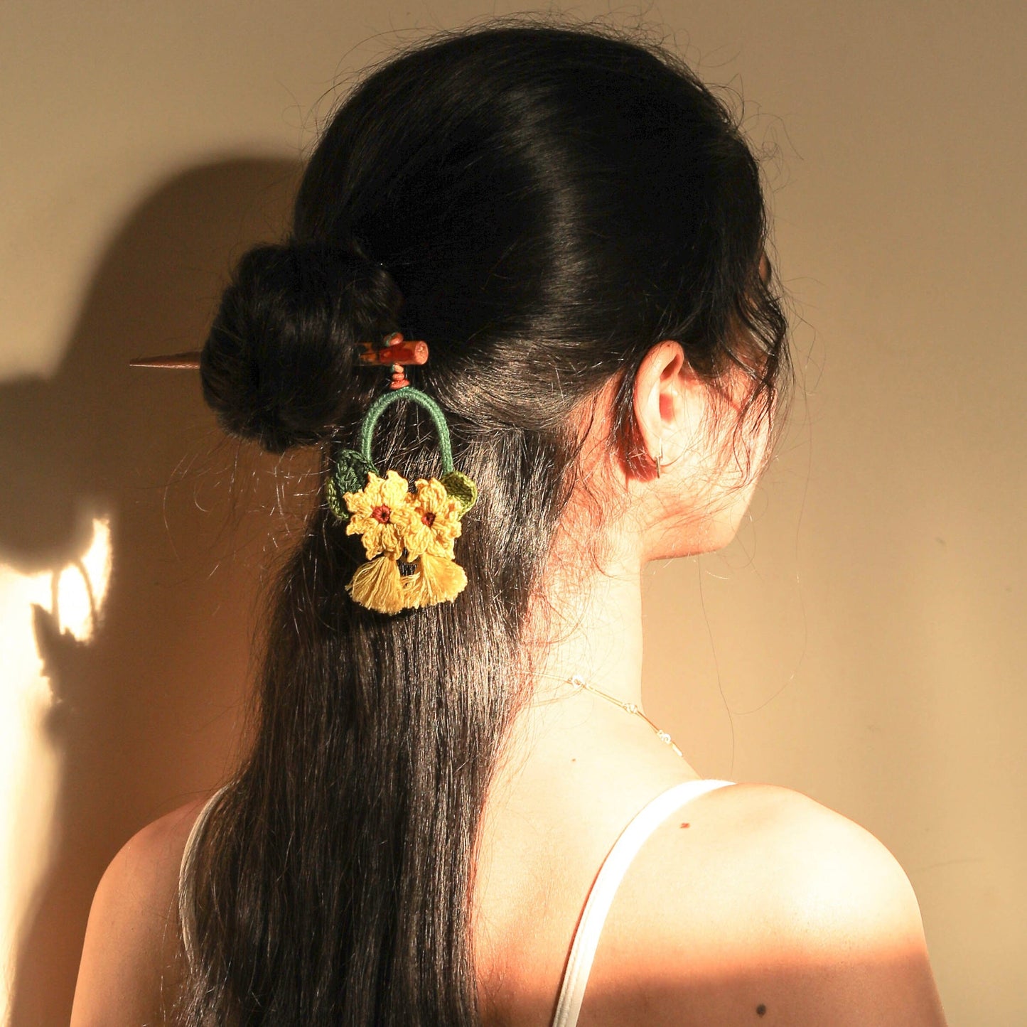 Wooden Hair Stick Sunflower Yellow And Green by Ikriit'm with Cotton Yarn, Free Size, Green, Hair Stick, Ikriit'm, Made from Natural Materials, Women Led Designer, Yellow at Kamakhyaa for sustainable fashion