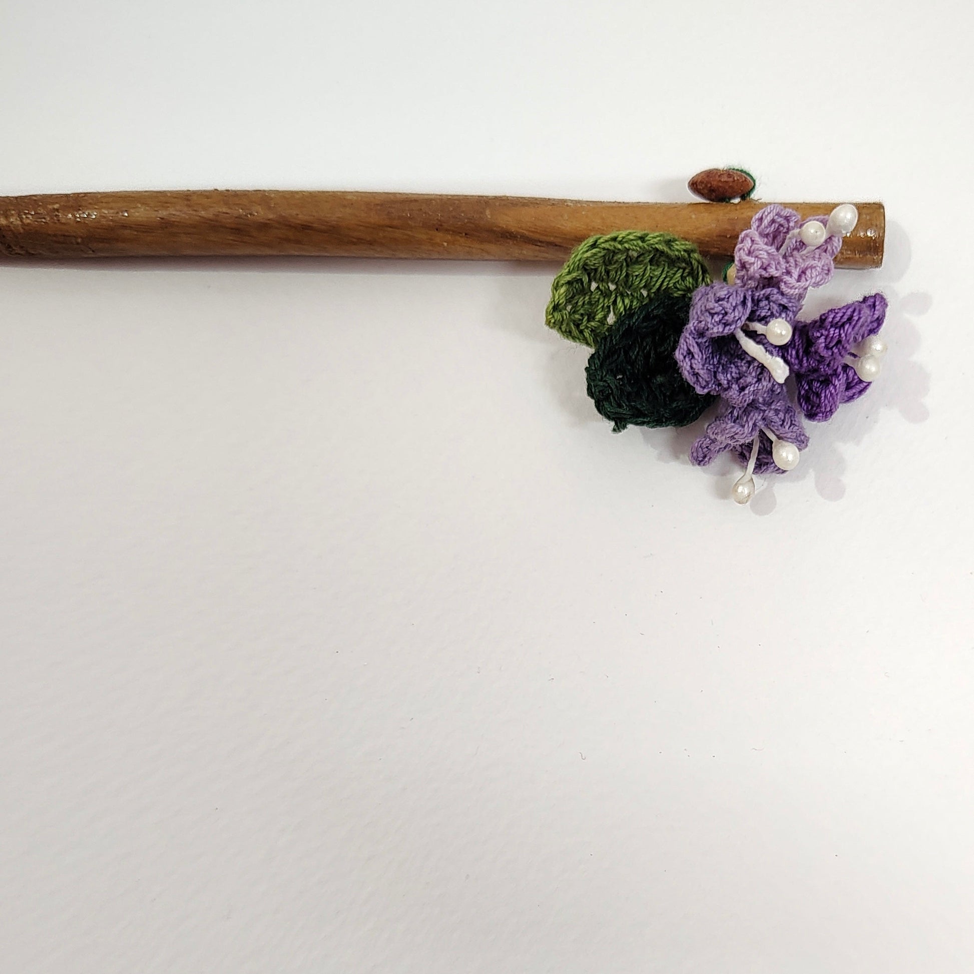 Wooden Hair Stick Tulip Purple And Green by Ikriit'm with Cotton Yarn, Free Size, Green, Hair Stick, Ikriit'm, Made from Natural Materials, Purple, Women Led Designer at Kamakhyaa for sustainable fashion