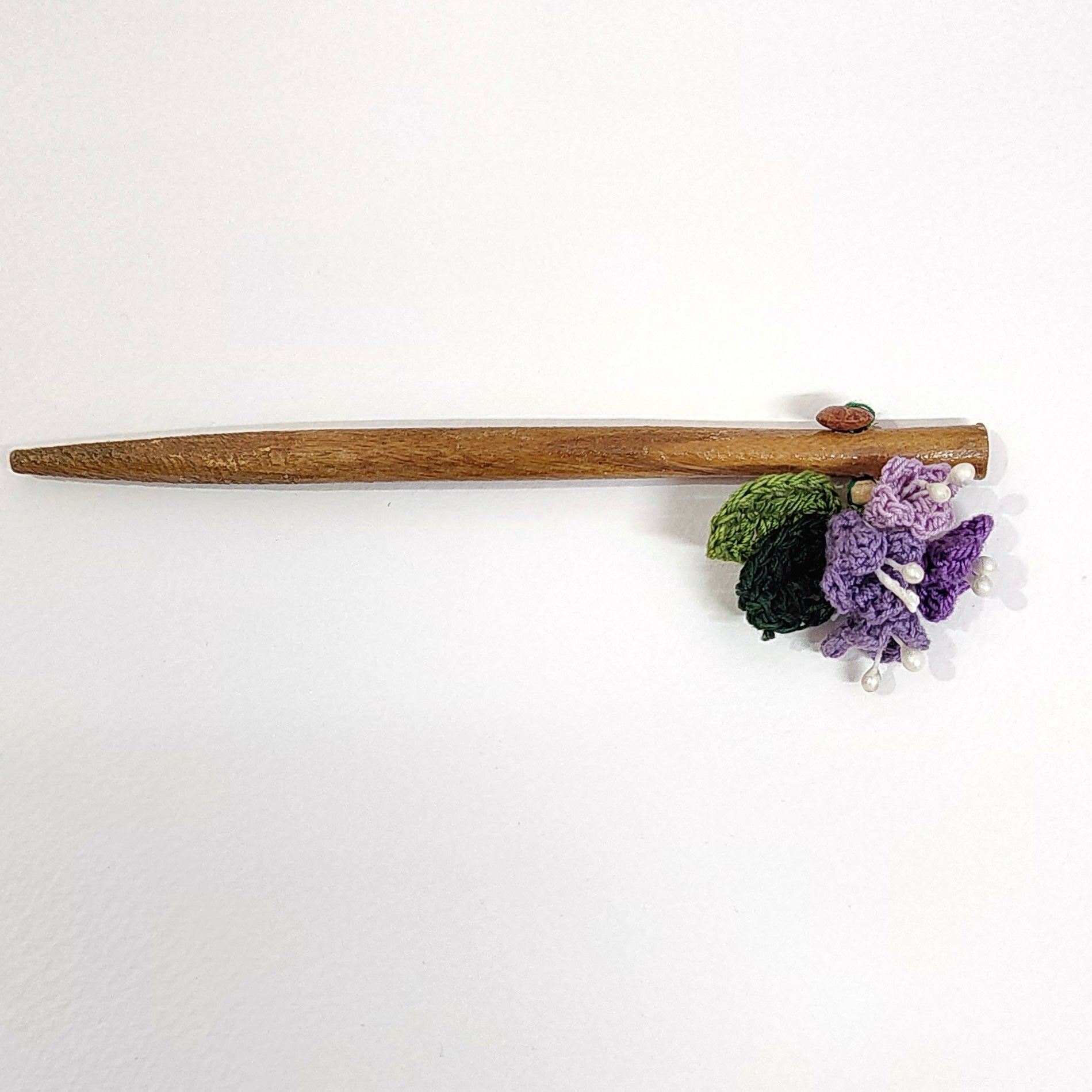 Wooden Hair Stick Tulip Purple And Green by Ikriit'm with Cotton Yarn, Free Size, Green, Hair Stick, Ikriit'm, Made from Natural Materials, Purple, Women Led Designer at Kamakhyaa for sustainable fashion