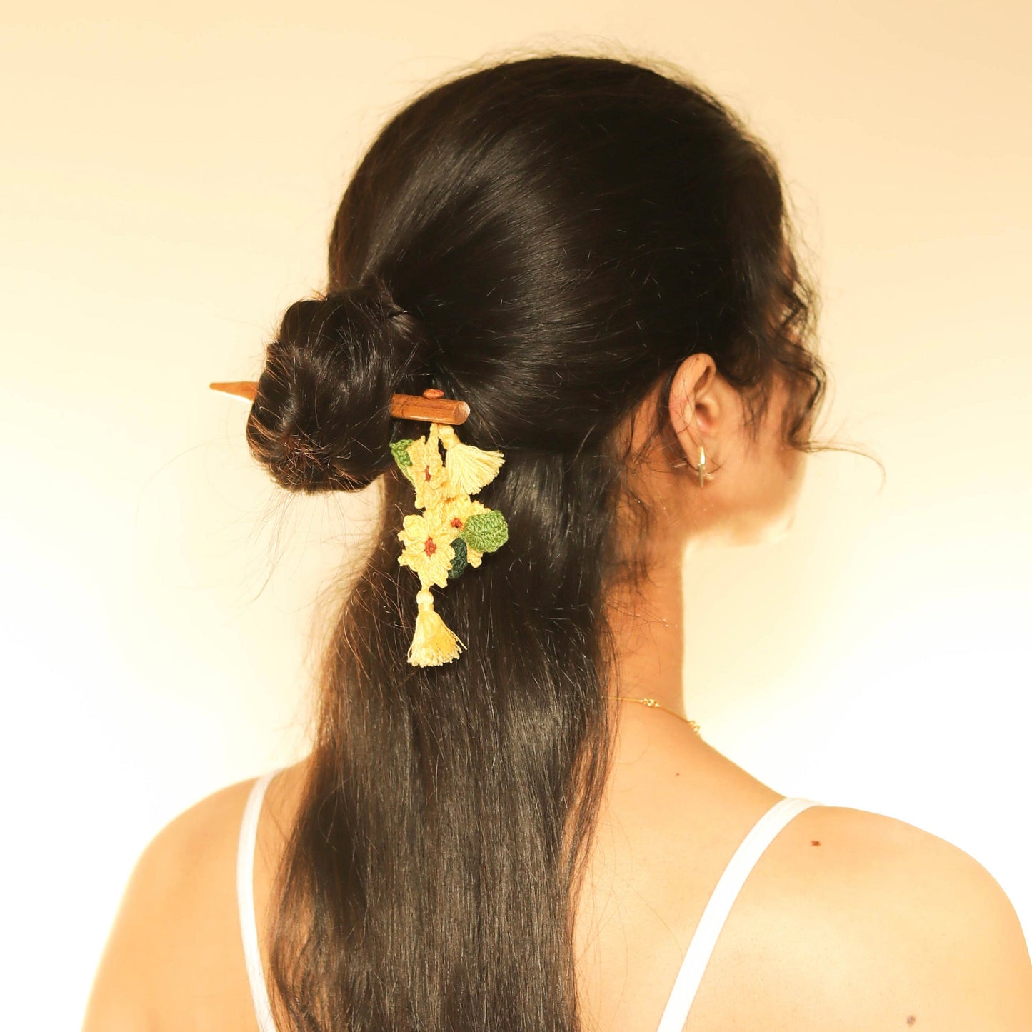 Wooden Hair Stick Yellow And Green by Ikriit'm with Cotton Yarn, Free Size, Green, Hair Stick, Ikriit'm, Made from Natural Materials, Women Led Designer, Yellow at Kamakhyaa for sustainable fashion