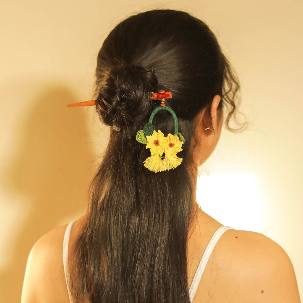 Wooden Hair Stick Yellow And Off White by Ikriit'm with Cotton Yarn, Free Size, Hair Stick, Ikriit'm, Made from Natural Materials, Off White, Women Led Designer, Yellow at Kamakhyaa for sustainable fashion
