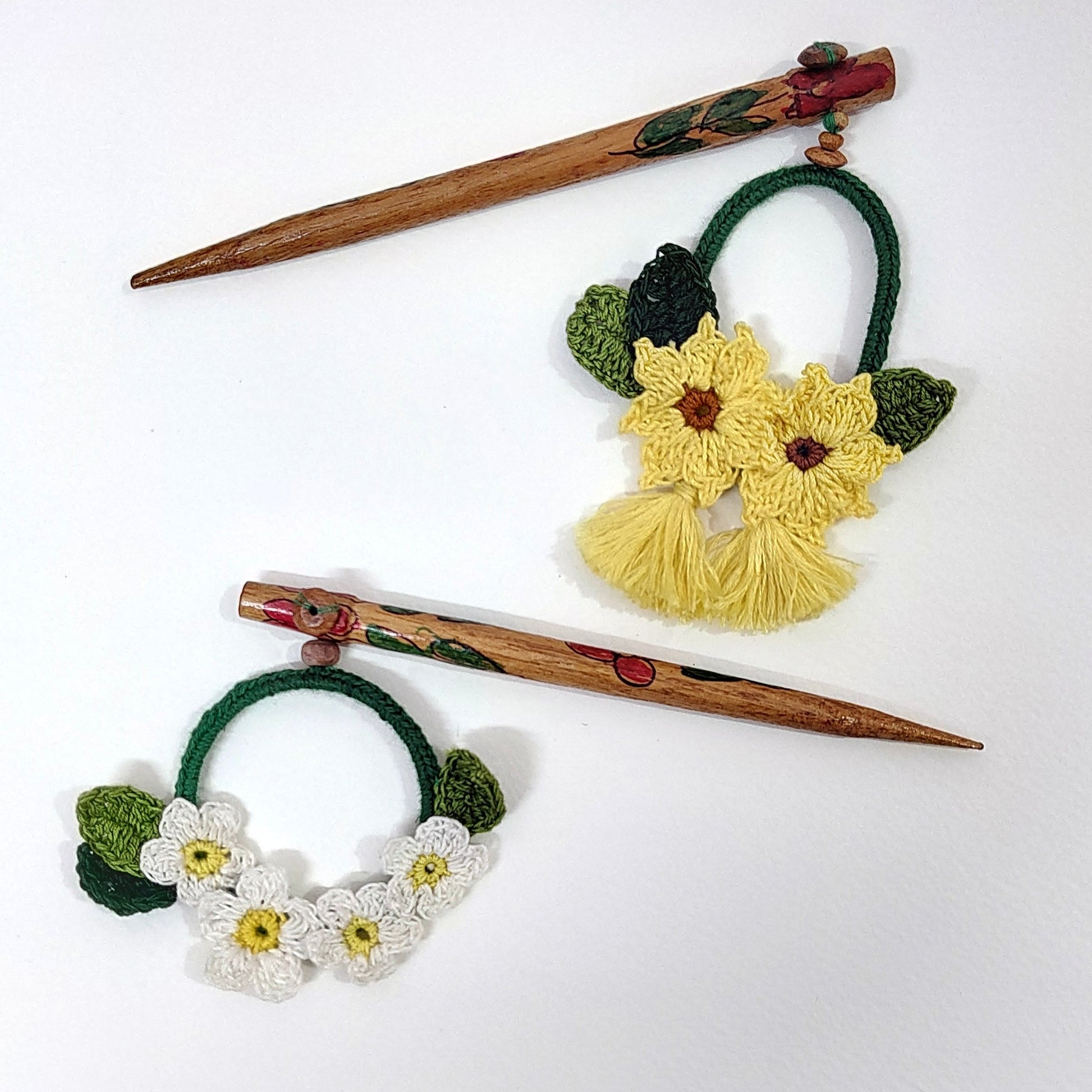 Wooden Hair Stick Yellow And Off White by Ikriit'm with Cotton Yarn, Free Size, Hair Stick, Ikriit'm, Made from Natural Materials, Off White, Women Led Designer, Yellow at Kamakhyaa for sustainable fashion