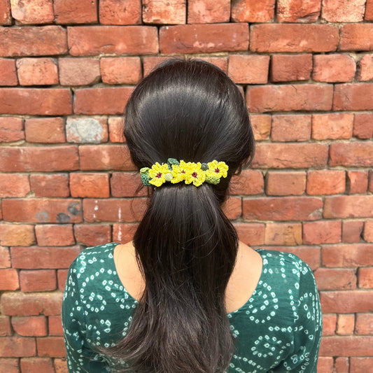 Yellow Crochet Hair Clip by Ikriit'm with Cotton yarn, Crochet, Free Size, Hair Clip, Ikriit'm, Made from Natural Materials, Stainless Steel, Women Led Designer, Yellow at Kamakhyaa for sustainable fashion