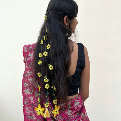 Yellow Crochet Hair Parandi by Ikriit'm with Cotton yarn, Crochet, Free Size, Ikriit'm, Made from Natural Materials, Parandi, Stainless Steel, Women Led Designer, Yellow at Kamakhyaa for sustainable fashion