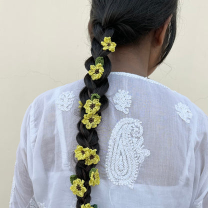 Yellow Crochet Hair Parandi by Ikriit'm with Cotton yarn, Crochet, Free Size, Ikriit'm, Made from Natural Materials, Parandi, Stainless Steel, Women Led Designer, Yellow at Kamakhyaa for sustainable fashion