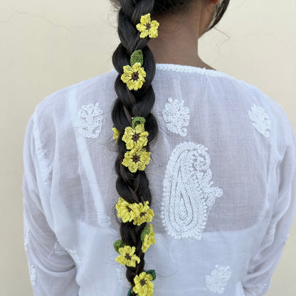 Yellow Crochet Hair Parandi by Ikriit'm with Cotton yarn, Crochet, Free Size, Ikriit'm, Made from Natural Materials, Parandi, Stainless Steel, Women Led Designer, Yellow at Kamakhyaa for sustainable fashion