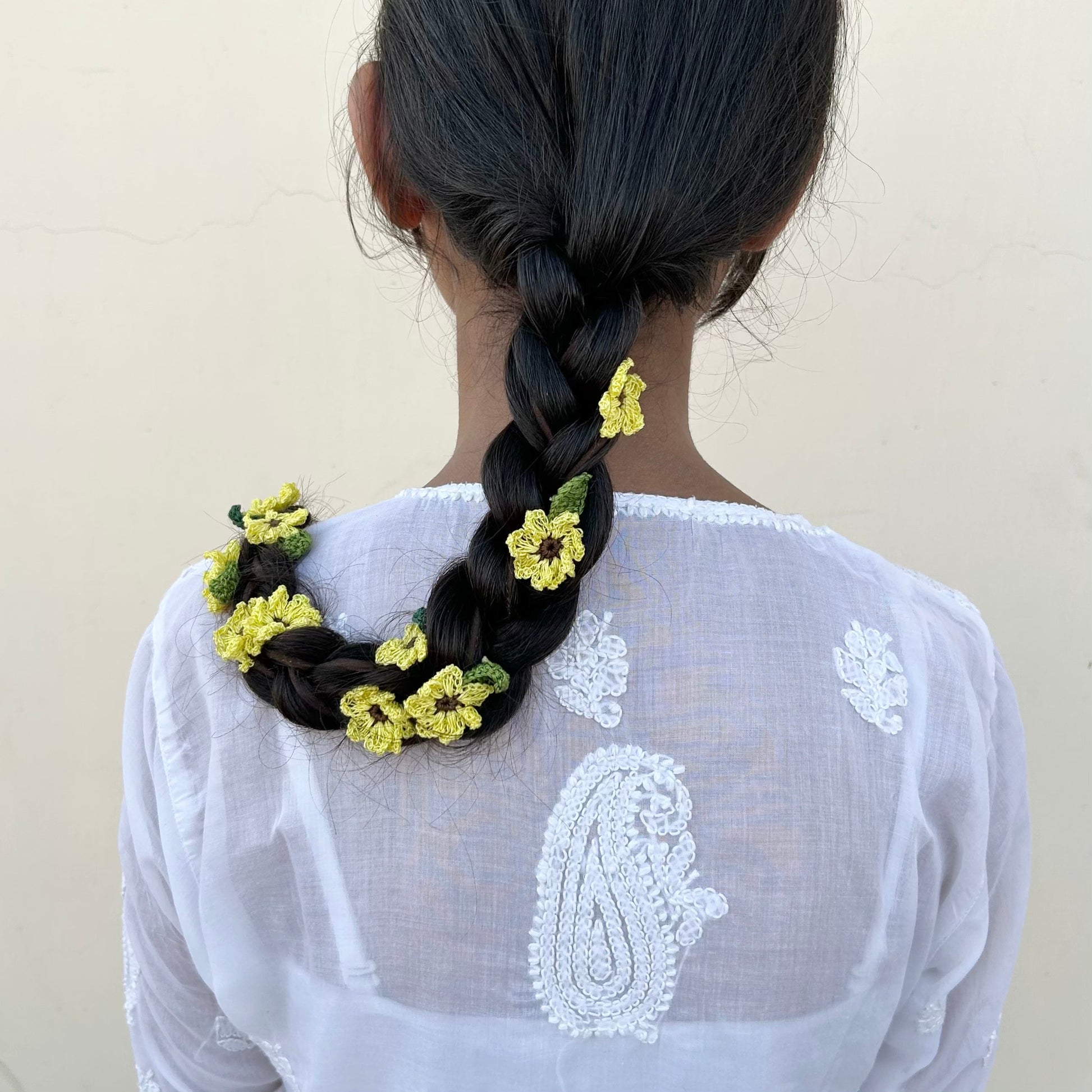 Yellow Crochet Hair Parandi by Ikriit'm with Cotton yarn, Crochet, Free Size, Ikriit'm, Made from Natural Materials, Parandi, Stainless Steel, Women Led Designer, Yellow at Kamakhyaa for sustainable fashion