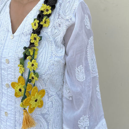 Yellow Crochet Hair Parandi by Ikriit'm with Cotton yarn, Crochet, Free Size, Ikriit'm, Made from Natural Materials, Parandi, Stainless Steel, Women Led Designer, Yellow at Kamakhyaa for sustainable fashion