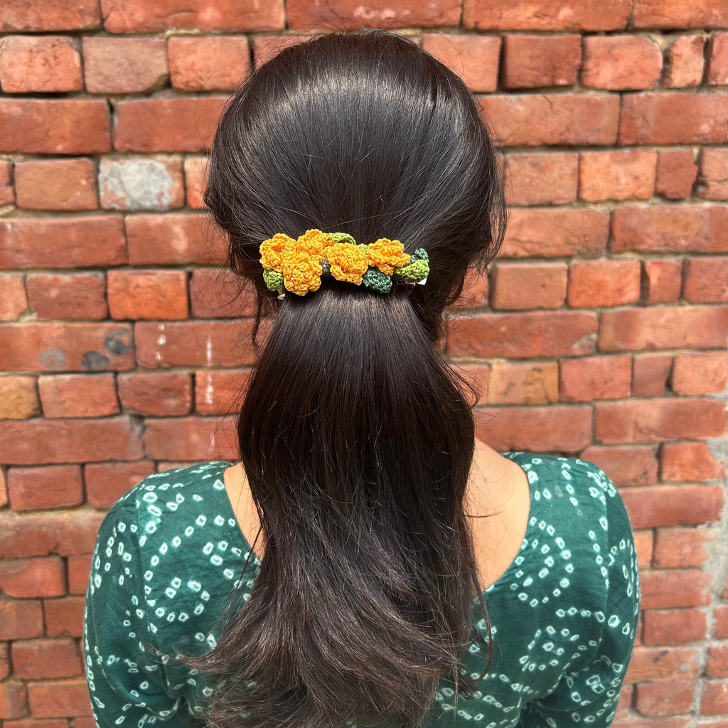 Yellow Marigoald Crochet Hair Clip by Ikriit'm with Cotton yarn, Crochet, Free Size, Hair Clip, Ikriit'm, Made from Natural Materials, Stainless Steel, Women Led Designer, Yellow at Kamakhyaa for sustainable fashion