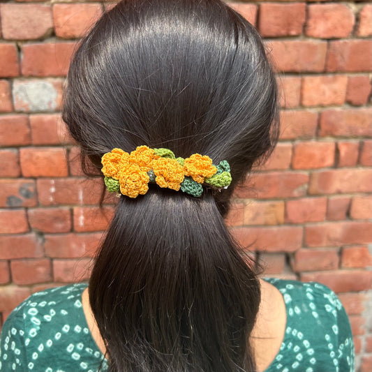 Yellow Marigoald Crochet Hair Clip by Ikriit'm with Cotton yarn, Crochet, Free Size, Hair Clip, Ikriit'm, Made from Natural Materials, Stainless Steel, Women Led Designer, Yellow at Kamakhyaa for sustainable fashion