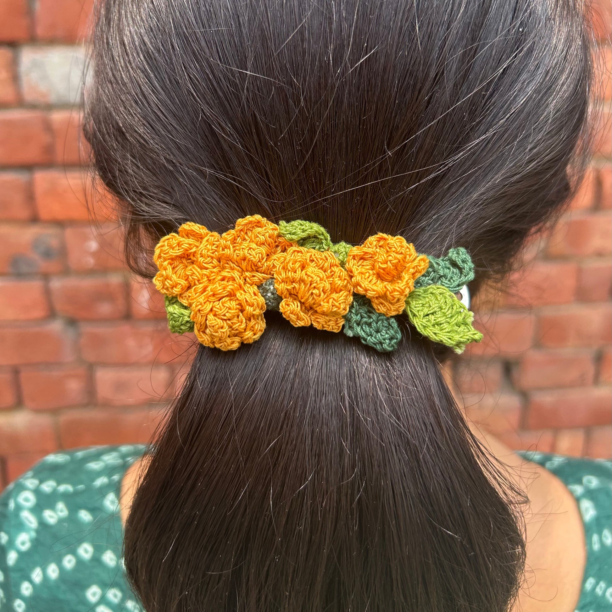 Yellow Marigoald Crochet Hair Clip by Ikriit'm with Cotton yarn, Crochet, Free Size, Hair Clip, Ikriit'm, Made from Natural Materials, Stainless Steel, Women Led Designer, Yellow at Kamakhyaa for sustainable fashion