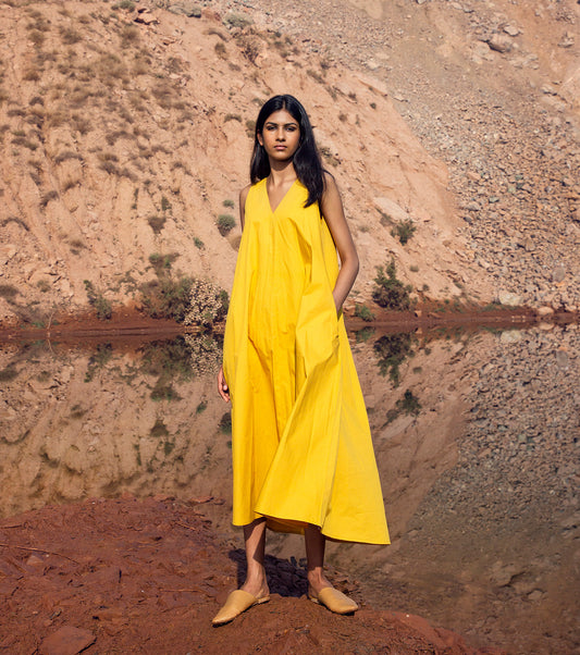 Yellow Midi Dress by Khara Kapas with 32 Days Of Summer by Khara Kapas, Earth Party, Midi Dresses, Natural, Relaxed Fit, Resort Wear, Sleeveless Dresses, Solid Selfmade, Solids, Womenswear, Yellow at Kamakhyaa for sustainable fashion