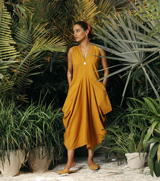 Yellow Midi Dress with Pockets by Khara Kapas with Another Day In Paradise by Khara Kapas, Lost In Paradise by Khara Kapas, Midi Dresses, Mul Cotton, Natural, Regular Fit, Resort Wear, Sleeveless Dresses, Solid Selfmade, Solids, Womenswear, Yellow at Kamakhyaa for sustainable fashion