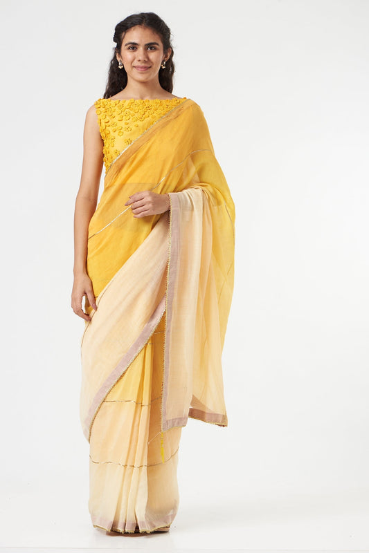 Yellow Ombre Saree + Peticot at Kamakhyaa by Ahmev. This item is Casual Wear, Festive '22, For Mother, Free Size, Indian Wear, July Sale, July Sale 2023, Natural, New, Ombre & Dyes, Regular Fit, Saree Sets, Silk Chanderi, Womenswear, Yellow