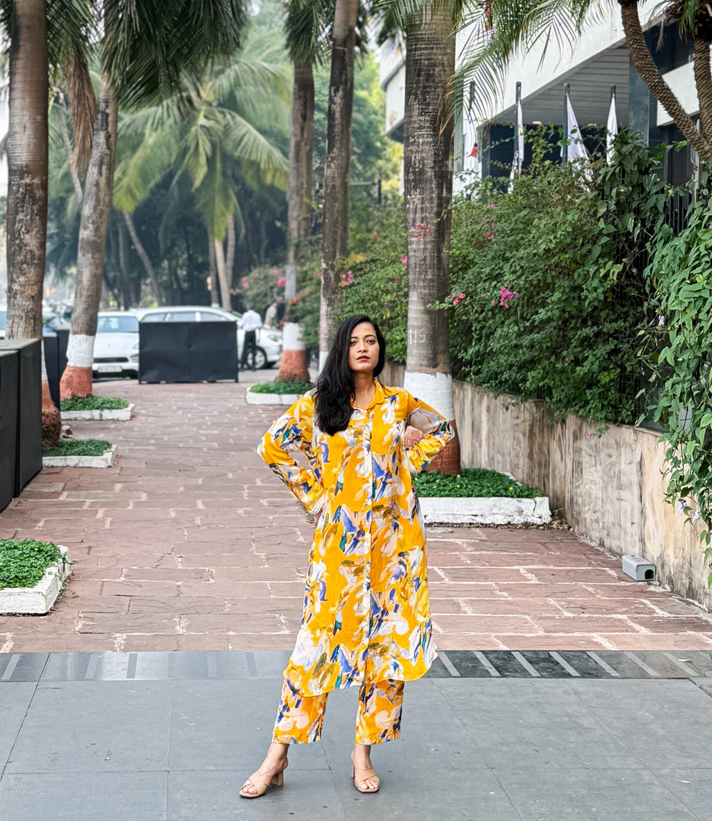 Bemberg Chiffon Yellow Embroidered Coord Set by Ewoke with Bemberg Chiffon, coord set for women, coordinate set, ecofriendly clothing, Nostalgia's Thread by Ewoke, sale, sustainable fashion, womens coordinate set at Kamakhyaa for sustainable fashion