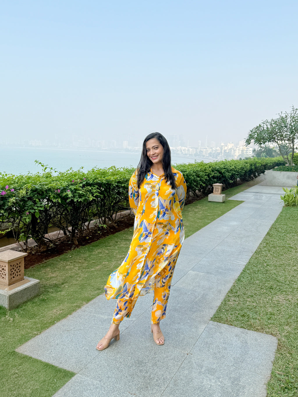 Bemberg Chiffon Yellow Embroidered Coord Set by Ewoke with Bemberg Chiffon, coord set for women, coordinate set, ecofriendly clothing, Nostalgia's Thread by Ewoke, sale, sustainable fashion, womens coordinate set at Kamakhyaa for sustainable fashion