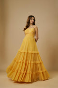 Crepe Yellow Embroidered Gown by Ewoke with BLUE GOWN, Crepe, Draped Dress, Nostalgia's Thread by Ewoke, sustainable fashion at Kamakhyaa for sustainable fashion