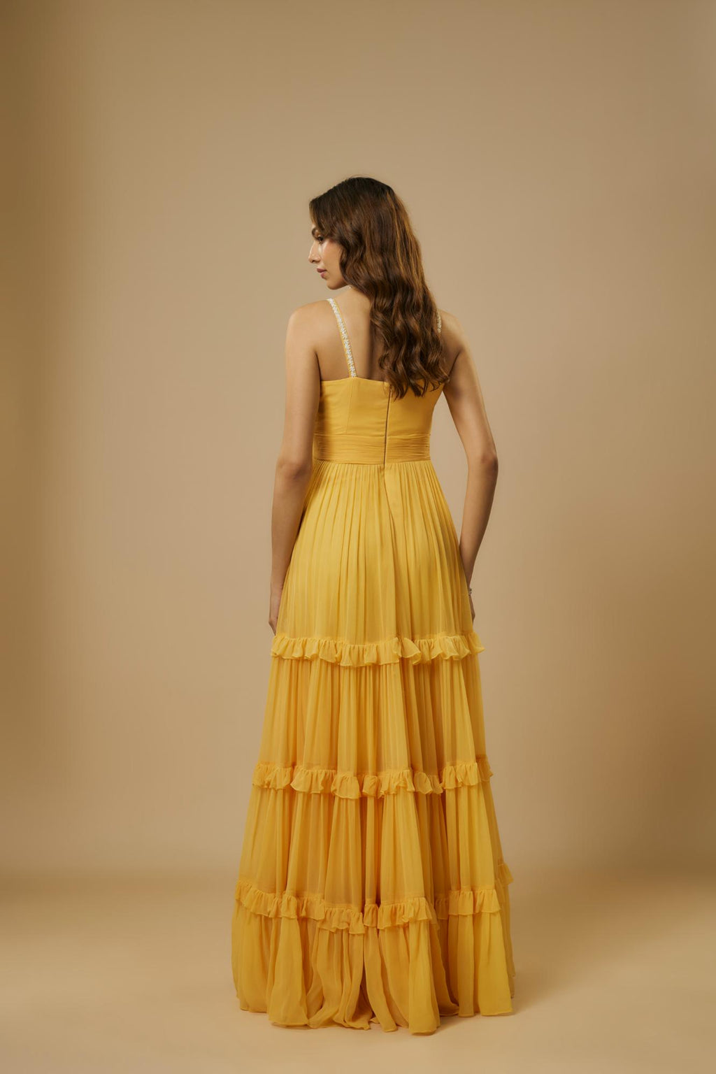 Crepe Yellow Embroidered Gown by Ewoke with BLUE GOWN, Crepe, Draped Dress, Nostalgia's Thread by Ewoke, sustainable fashion at Kamakhyaa for sustainable fashion