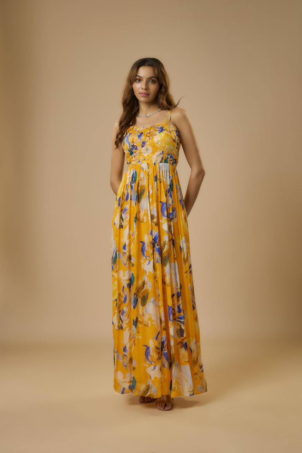 Chiffon Yellow Floral Embroidered Maxi Dress by Ewoke with Bemberg, bemberg dress, Chiffon, festive dress, FESTIVE DRESSES WOMEN, long dress, Nostalgia's Thread by Ewoke, party dress, vacation coord set, vacation dress, Vacation-wear at Kamakhyaa for sustainable fashion