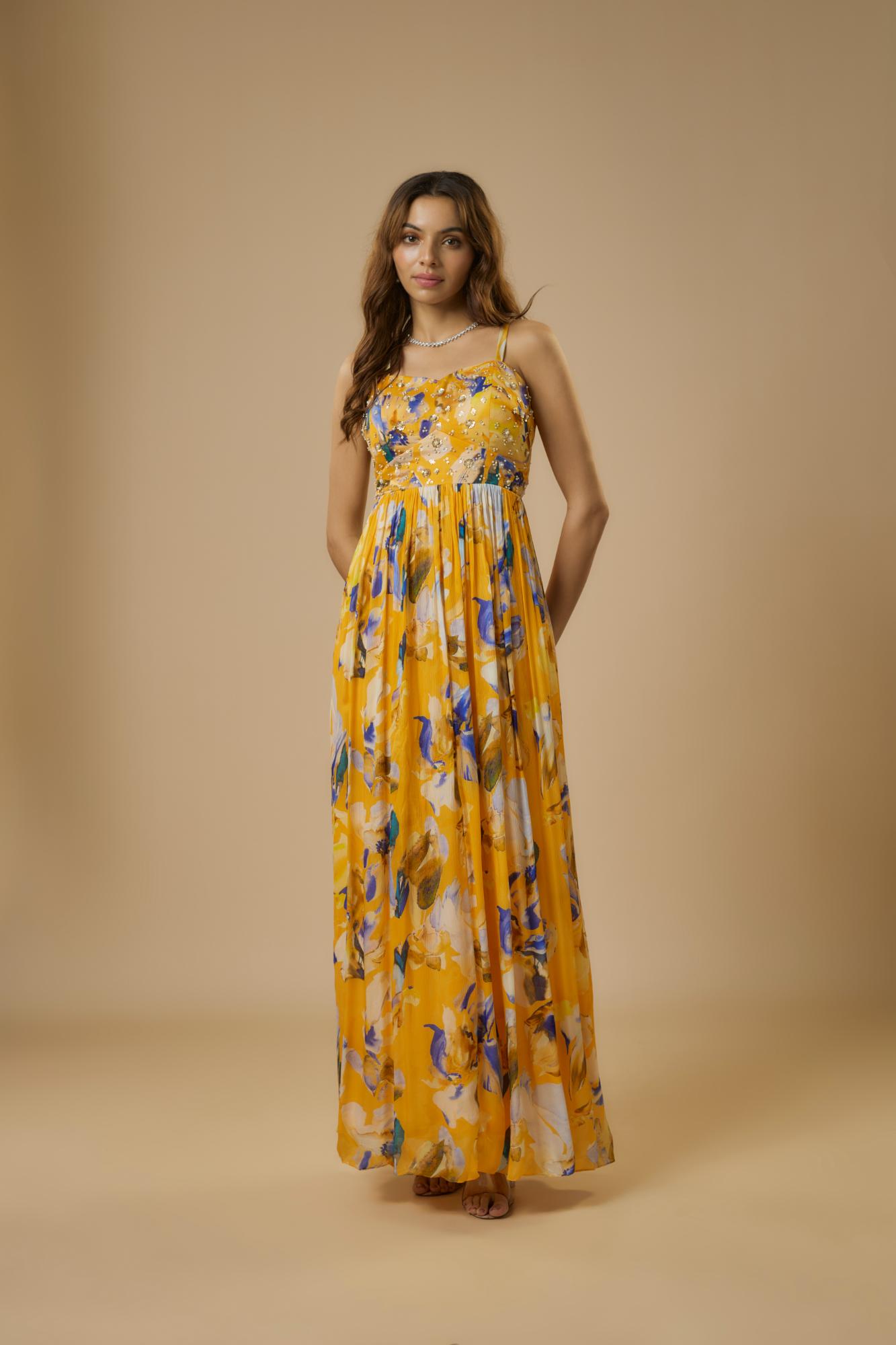 Chiffon Yellow Floral Embroidered Maxi Dress by Ewoke with Bemberg, bemberg dress, Chiffon, festive dress, FESTIVE DRESSES WOMEN, long dress, Nostalgia's Thread by Ewoke, party dress, vacation coord set, vacation dress, Vacation-wear at Kamakhyaa for sustainable fashion