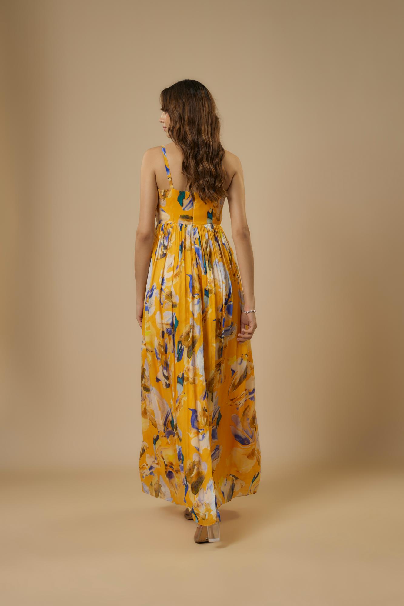 Chiffon Yellow Floral Embroidered Maxi Dress by Ewoke with Bemberg, bemberg dress, Chiffon, festive dress, FESTIVE DRESSES WOMEN, long dress, Nostalgia's Thread by Ewoke, party dress, vacation coord set, vacation dress, Vacation-wear at Kamakhyaa for sustainable fashion