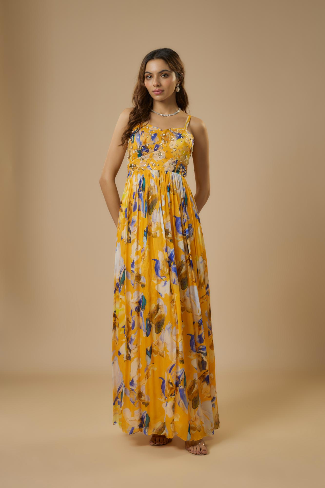 Chiffon Yellow Floral Embroidered Maxi Dress by Ewoke with Bemberg, bemberg dress, Chiffon, festive dress, FESTIVE DRESSES WOMEN, long dress, Nostalgia's Thread by Ewoke, party dress, vacation coord set, vacation dress, Vacation-wear at Kamakhyaa for sustainable fashion