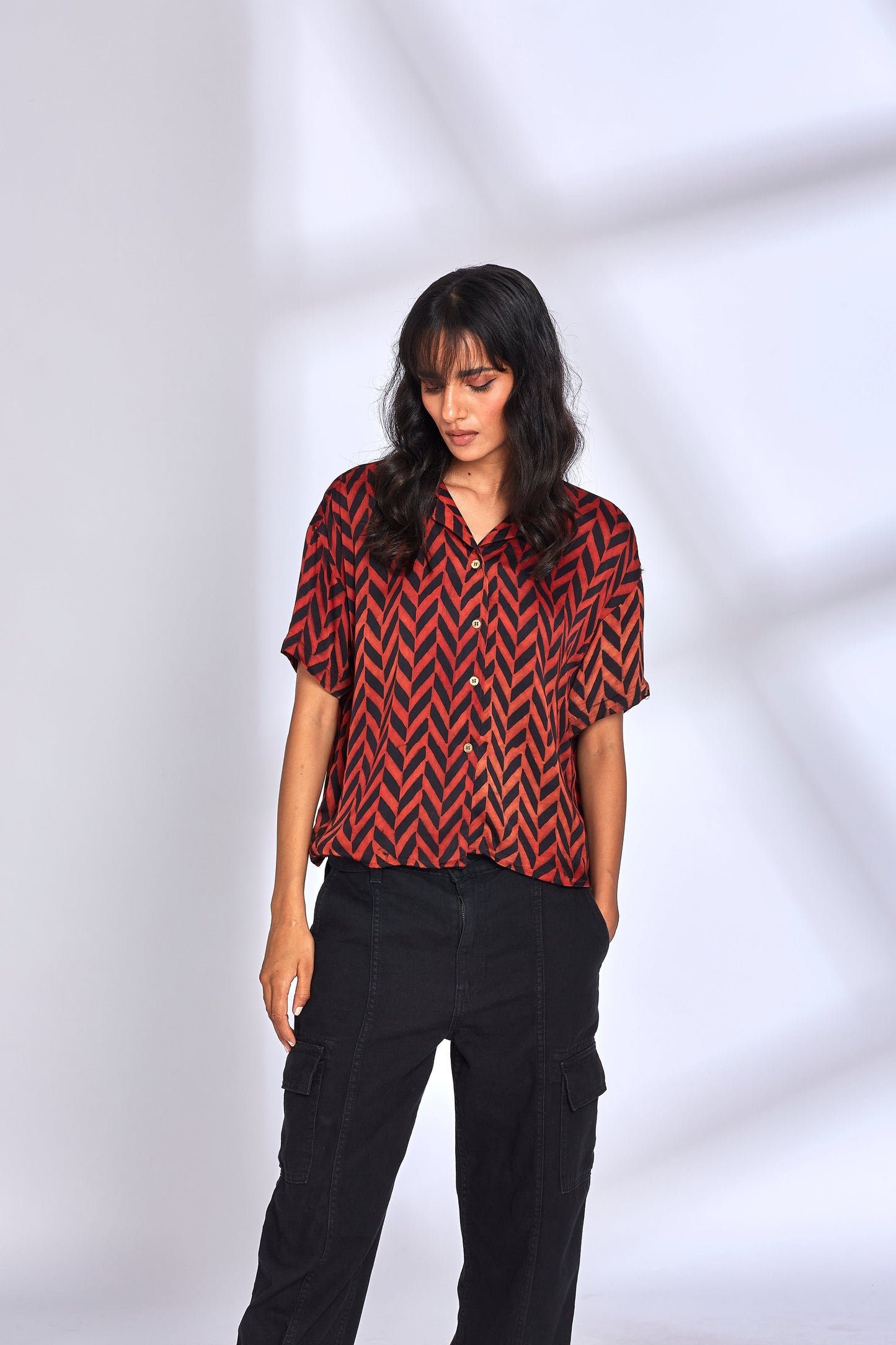 Zig Zag Print Red Shirt by Hasttvam with Eden by Hasttvam, Fusion Wear, Handmade by Artisans, Modal silk, Natural Dye, Red, Relaxed Fit, Responsible production and Vegan, Shirt, Stripes at Kamakhyaa for sustainable fashion