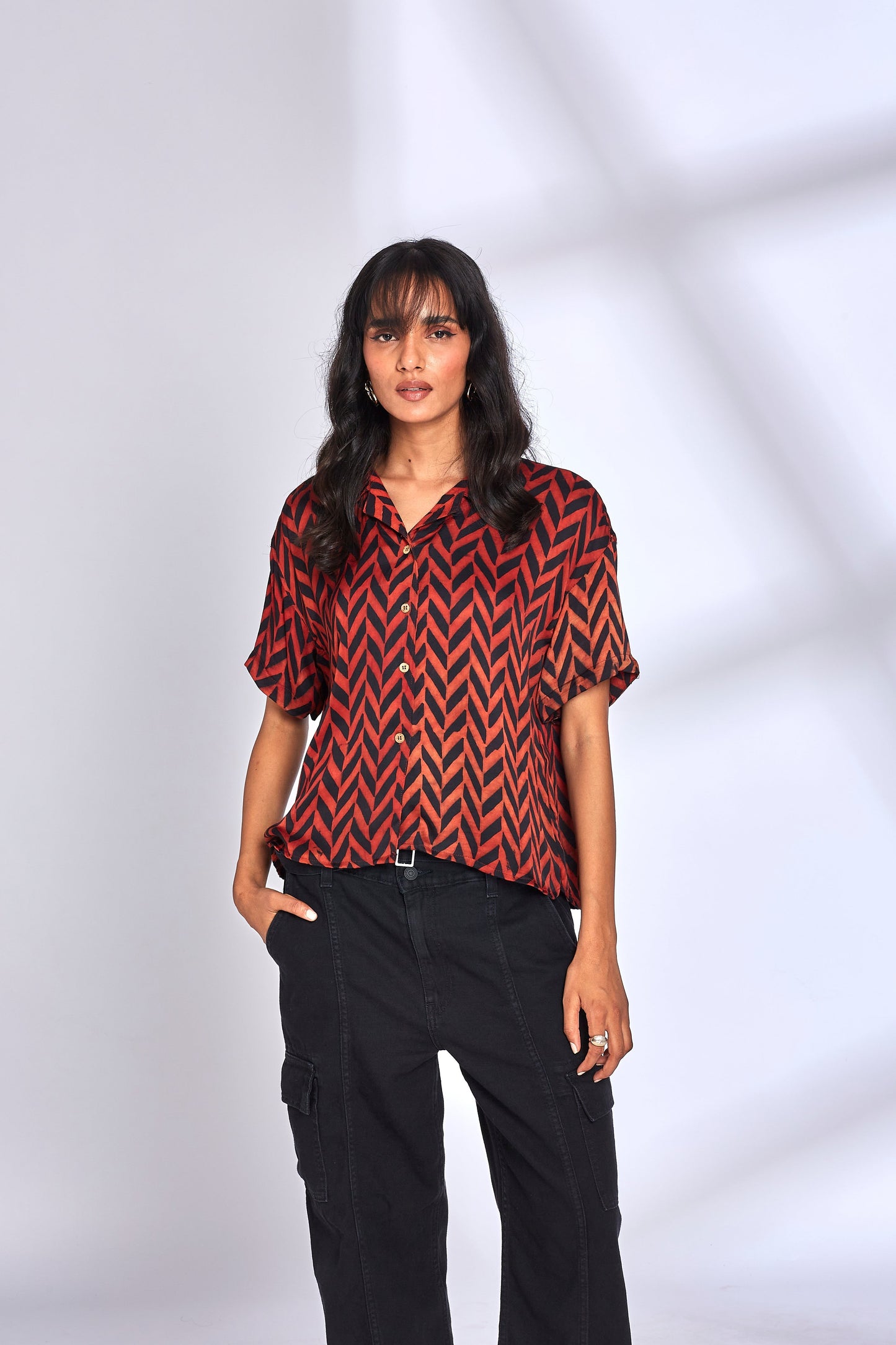 Zig Zag Print Red Shirt by Hasttvam with Eden by Hasttvam, Fusion Wear, Handmade by Artisans, Modal silk, Natural Dye, Red, Relaxed Fit, Responsible production and Vegan, Shirt, Stripes at Kamakhyaa for sustainable fashion