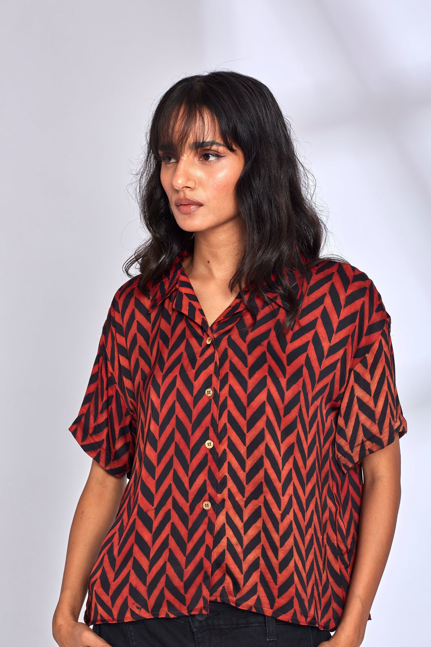 Zig Zag Print Red Shirt by Hasttvam with Eden by Hasttvam, Fusion Wear, Handmade by Artisans, Modal silk, Natural Dye, Red, Relaxed Fit, Responsible production and Vegan, Shirt, Stripes at Kamakhyaa for sustainable fashion