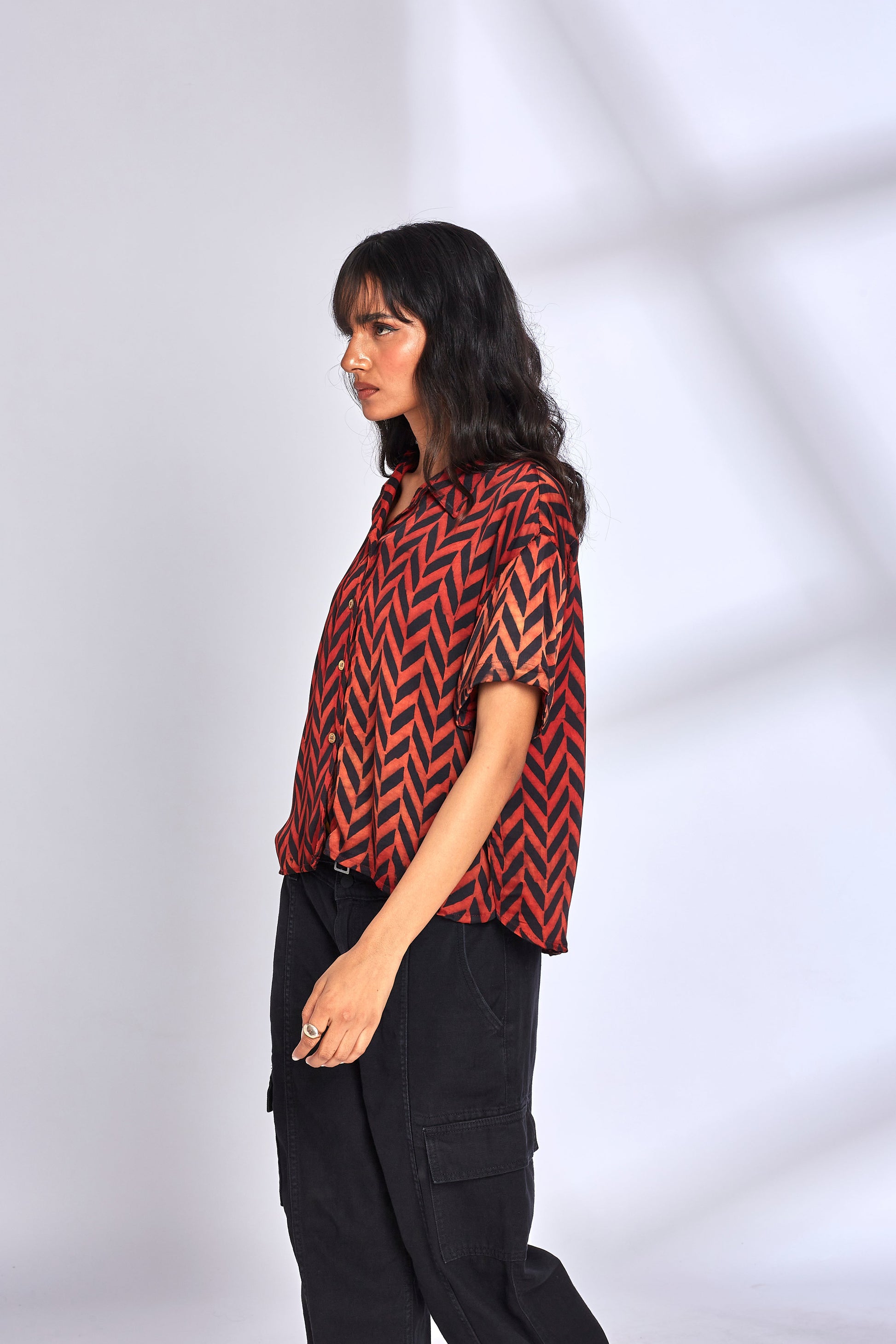 Zig Zag Print Red Shirt by Hasttvam with Eden by Hasttvam, Fusion Wear, Handmade by Artisans, Modal silk, Natural Dye, Red, Relaxed Fit, Responsible production and Vegan, Shirt, Stripes at Kamakhyaa for sustainable fashion