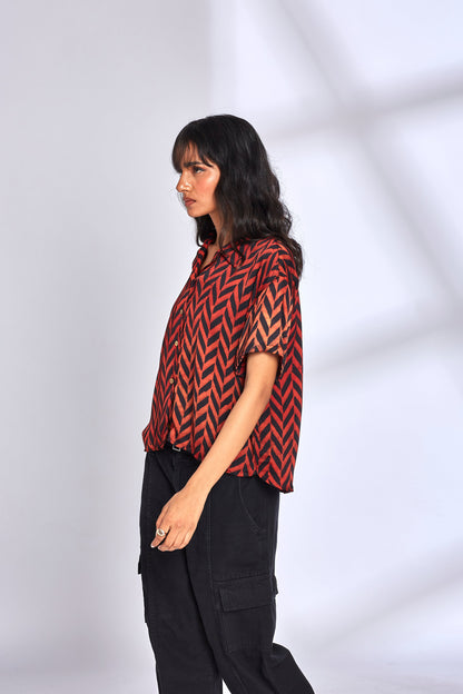 Zig Zag Print Red Shirt by Hasttvam with Eden by Hasttvam, Fusion Wear, Handmade by Artisans, Modal silk, Natural Dye, Red, Relaxed Fit, Responsible production and Vegan, Shirt, Stripes at Kamakhyaa for sustainable fashion