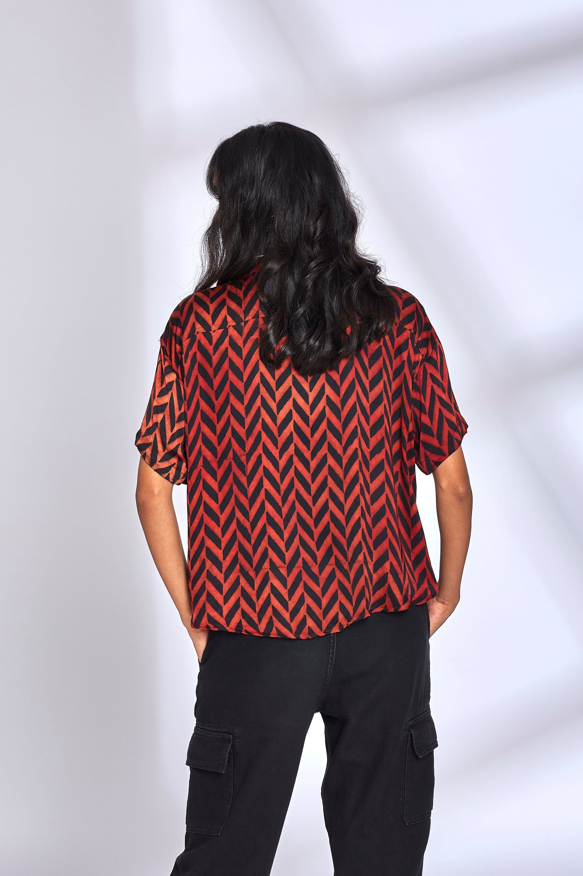 Zig Zag Print Red Shirt by Hasttvam with Eden by Hasttvam, Fusion Wear, Handmade by Artisans, Modal silk, Natural Dye, Red, Relaxed Fit, Responsible production and Vegan, Shirt, Stripes at Kamakhyaa for sustainable fashion