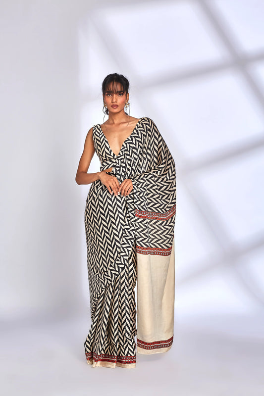 Zig Zag Print Saree by Hasttvam with Cocktail Wedding, Eden by Hasttvam, Festive Wear, Handmade by Artisans, Modal silk, Natural Dye, Relaxed Fit, Responsible production and Vegan, Stripes, White at Kamakhyaa for sustainable fashion