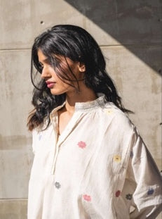 Gulshan Top by Araayeh with Artisan Made, Floral Patterns, Handwoven Cotton Jamdani, Off White, Tunic Tops, Work Wear at Kamakhyaa for sustainable fashion