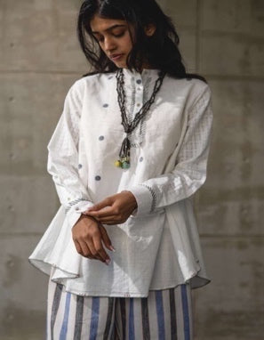 White Work Wear Handwoven Tunic Top by Araayeh with Artisan Made, Handwoven Cotton Material, Polka Dots, Tunic Tops, White, Work Wear at Kamakhyaa for sustainable fashion