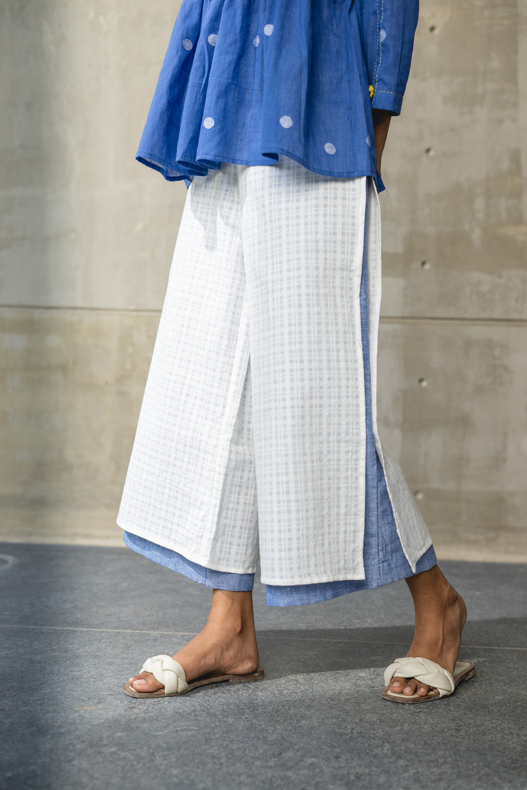 White Handwoven Cotton Double Layer Pants by Araayeh with Artisan Made, Checks, Handwoven Cotton, Office Wear, Pants, Relaxed Fit, White at Kamakhyaa for sustainable fashion